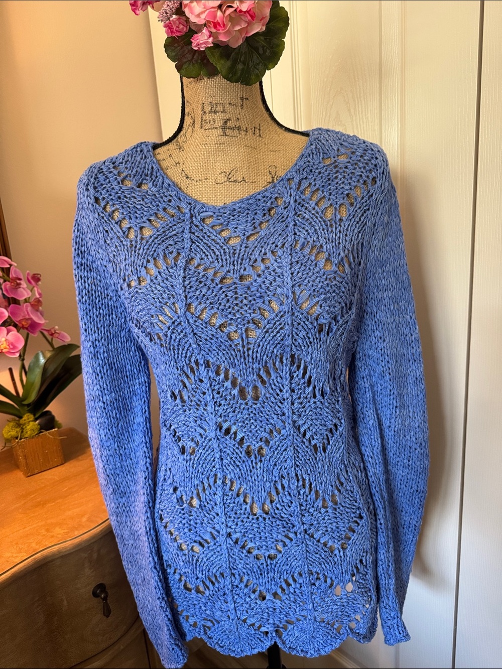 Chico’s Blue Open-Knit Long Sleeve Sweater Size Small